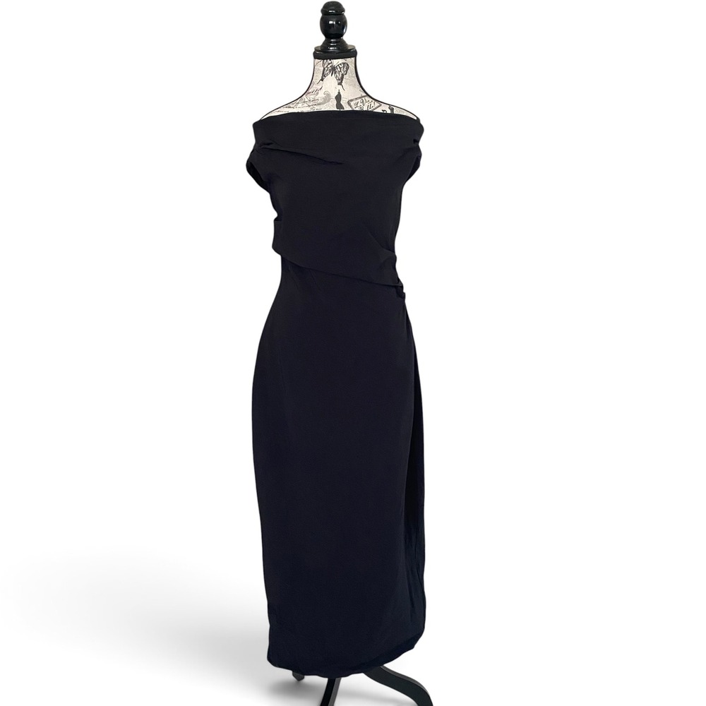 MNG Mango Off The Shoulder Dress Womens 8 Black Draped Midi Cocktail LBD